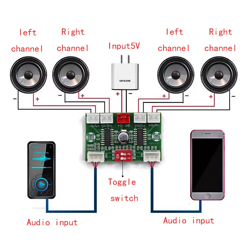 DIY Mini Four Channel Audio Box Digital Amplifier Board 4 * 3W Supports Dual Audio Input Finished Board XH-A156 Speaker