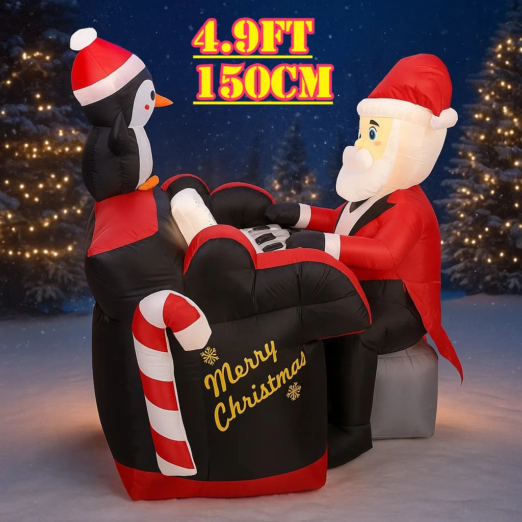 4.9FT Christmas Inflatable Decorations Toy Santa Penguin Playing Piano LED Holiday Gift Festive Supply Xmas Ornament Home Decor