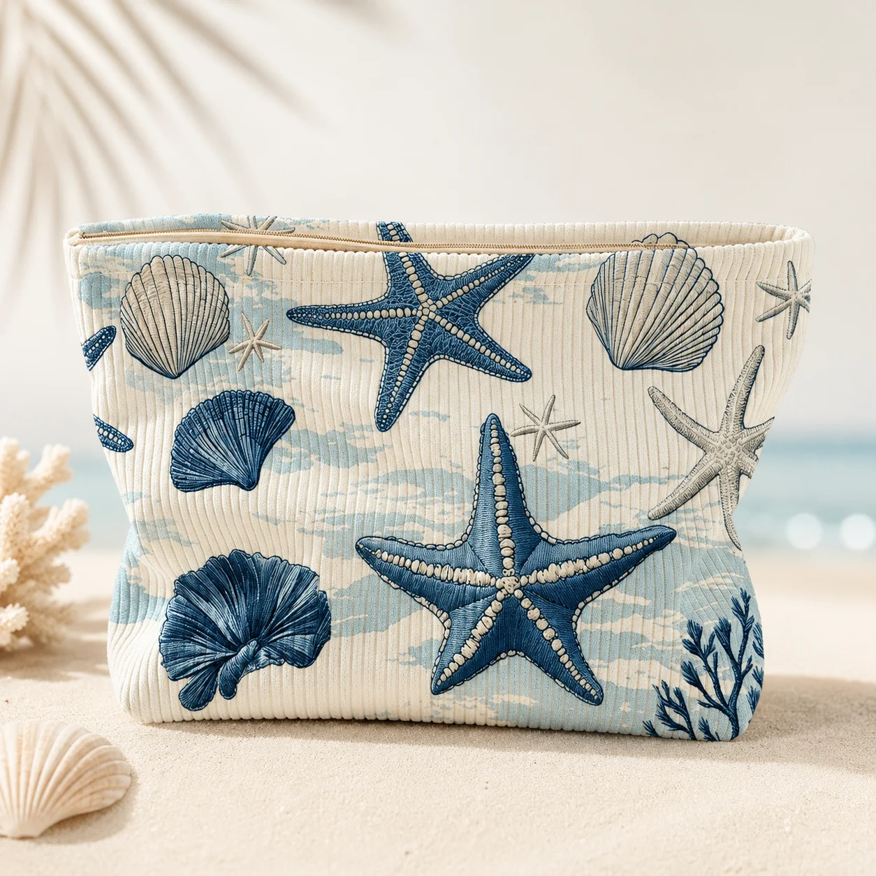 Coastal Starfish Shell Corduroy Makeup Bag, Large Zipper Travel Cosmetic Pouch Organizer for Women Beach Vacation