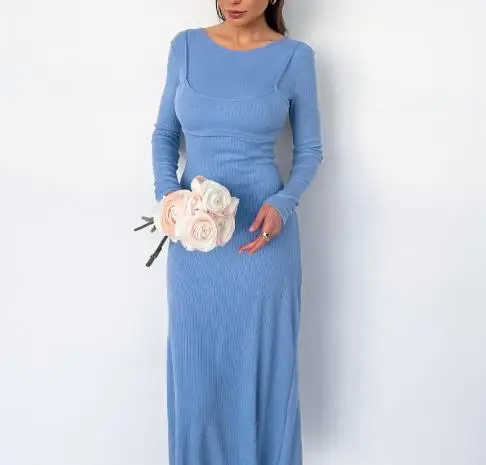 

Womens Dresses 2025 Spring New Fresh Blue Slim and Sexy Design Knitted Pit Stripe Round Neck Long Sleeve Casual Slit Long Dress