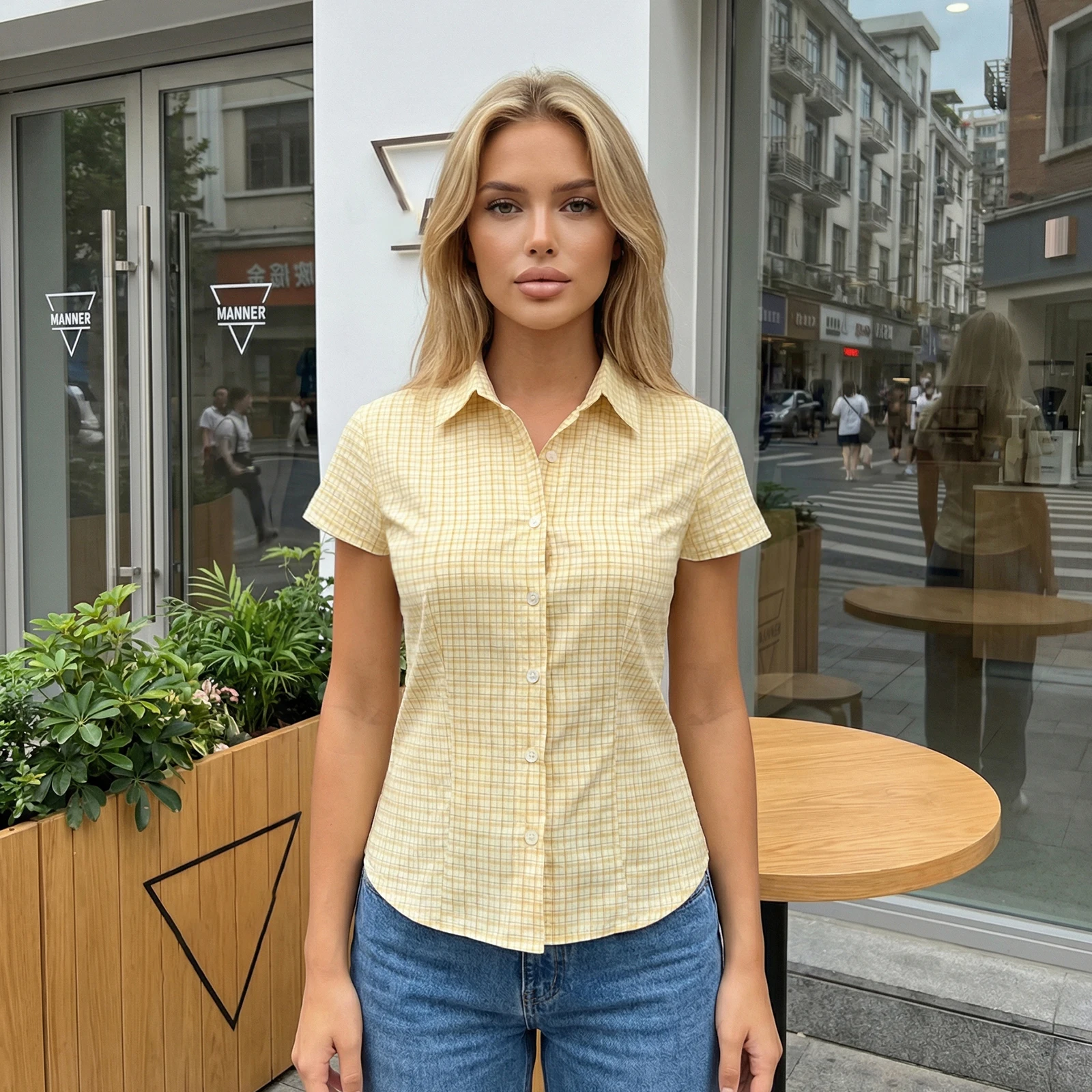 

Женские модные летние рубашки на пуговицах, повседневные топы с коротким рукавом, V-образным вырезом, в клетку, приталенного кроя