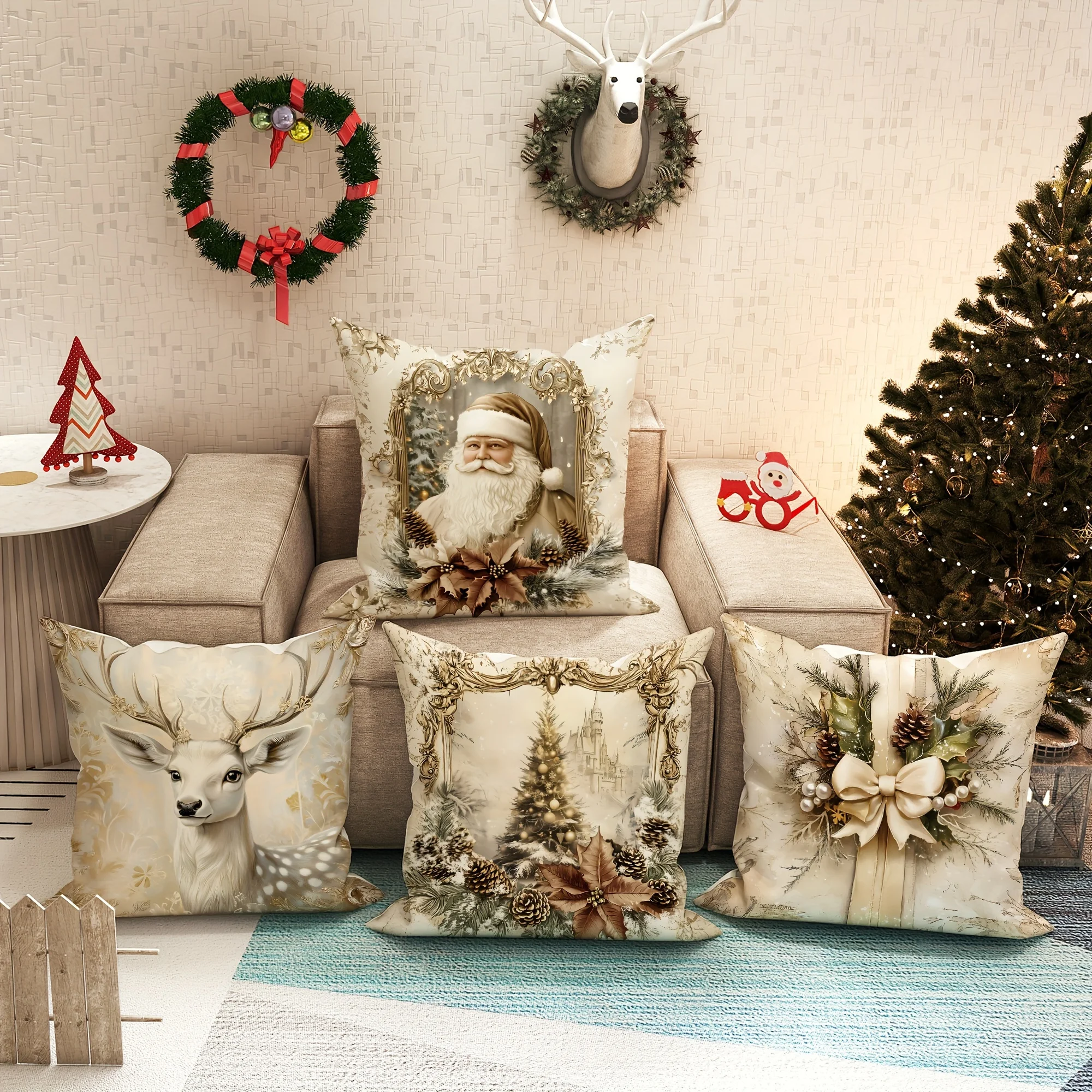 4-Piece Vintage Christmas Pillow Covers, Gold White Santa Reindeer Tree Bow Print, Soft Single-Sided for Living Room Sofa Decor