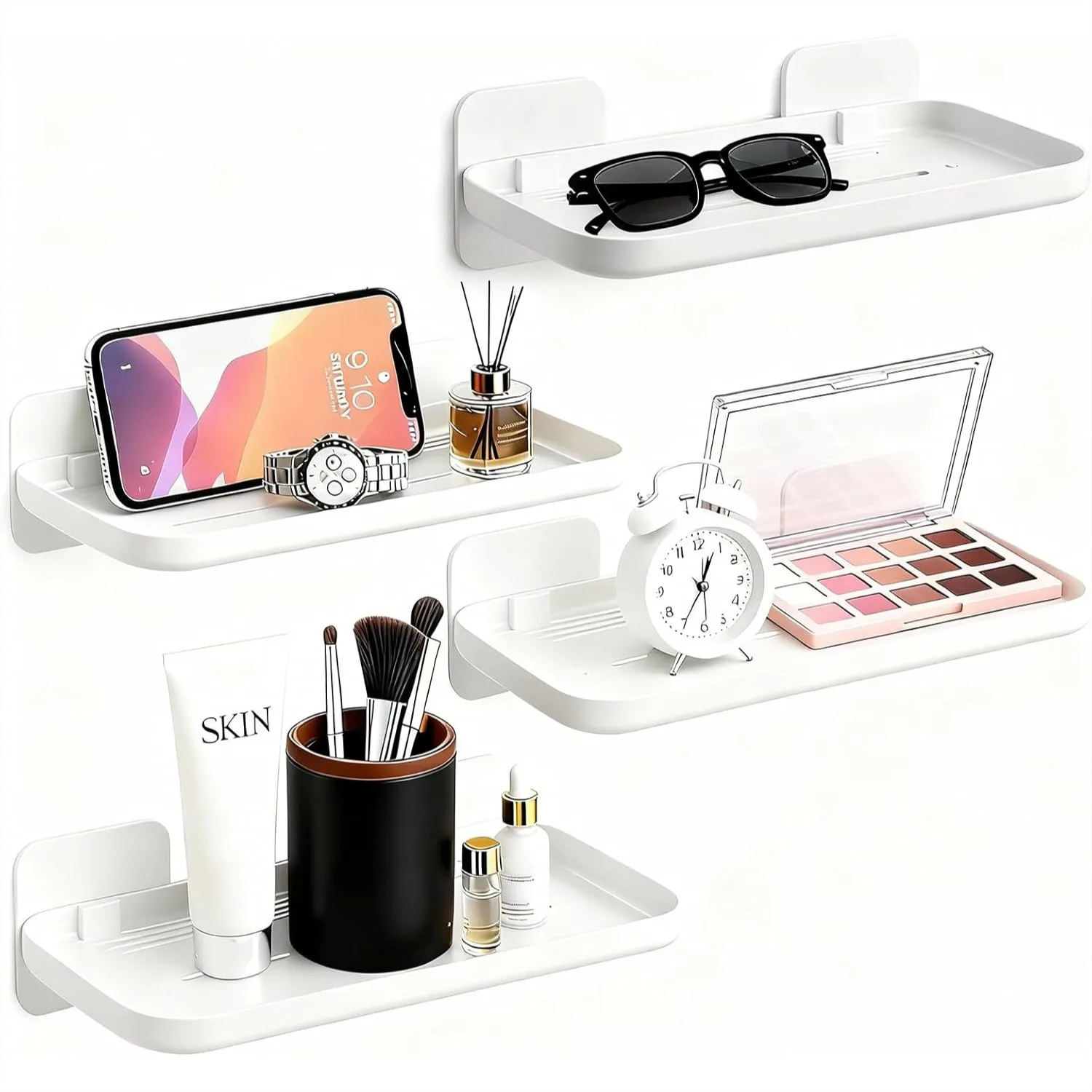 

Adhesive Floating Shelves 2 Pack No Drill Small Wall Shelf for Bathroom Kitchen Bedroom Office Storage, White