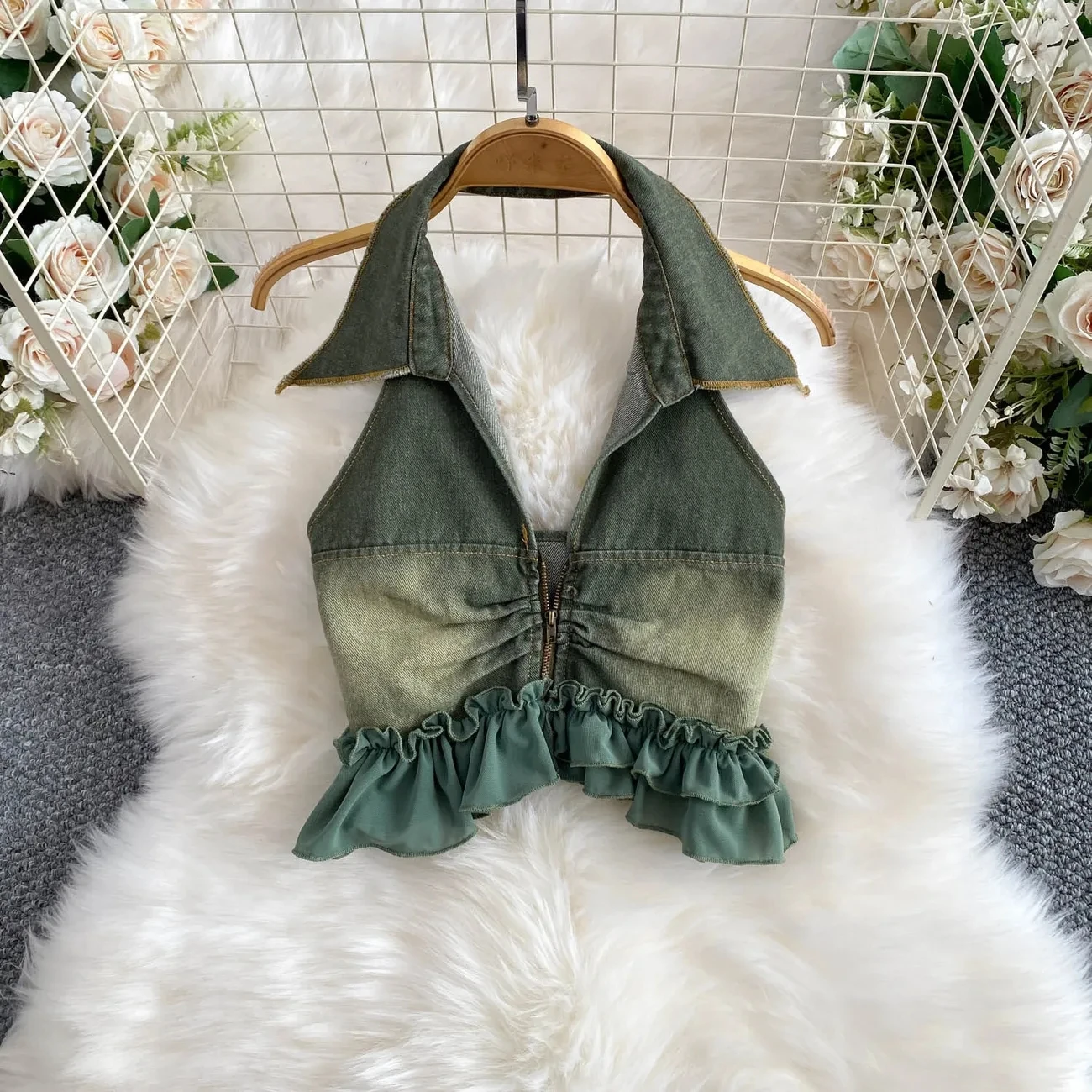 Women's Denim Tank Tops Turn-down Color Backless Slim Sleeveless Camisole 2026 Spring New Fashion Female V-neck Dropship