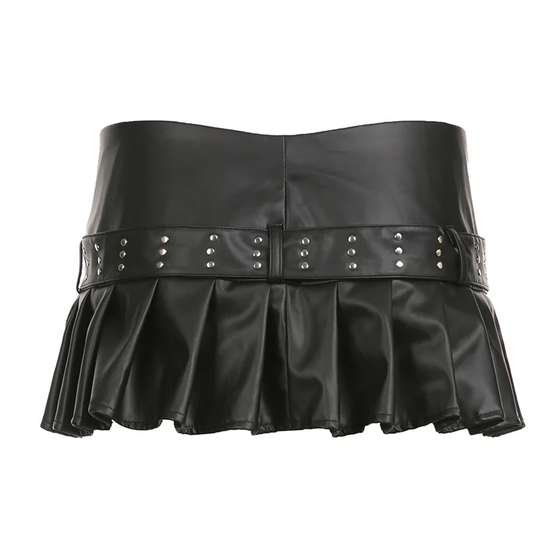 New Fashion Street Sexy Split Rivet Pu Leather Skirt with Belt Zipper Pleated Short Skirt