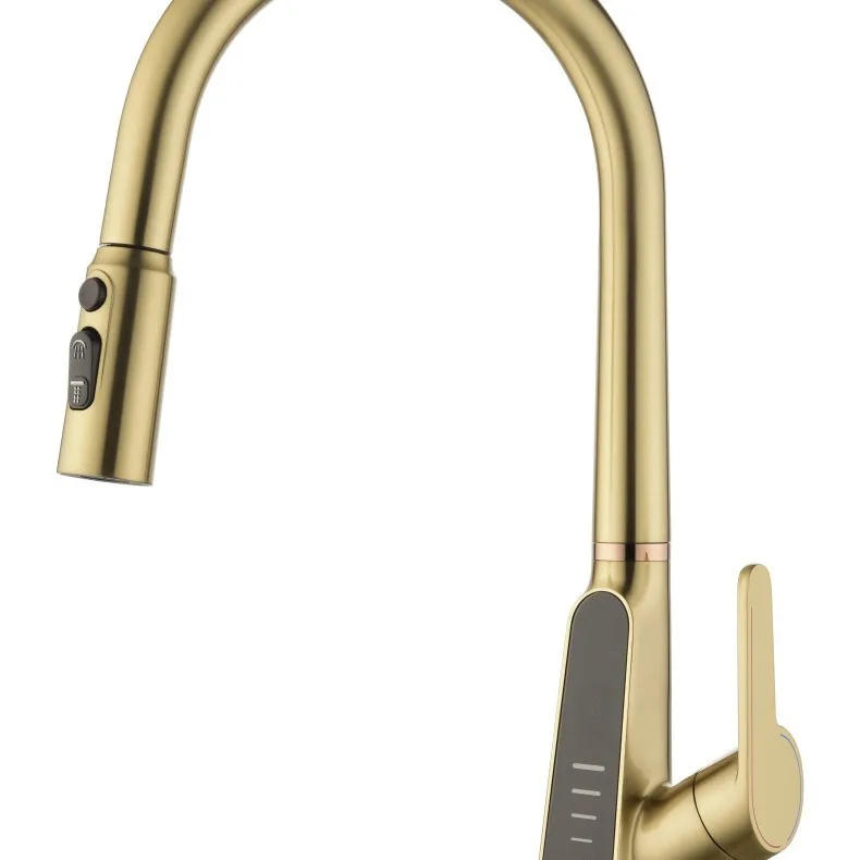 

Hydroelectric power generation digital display kitchen faucet pull-out washing basin faucet brushed gold