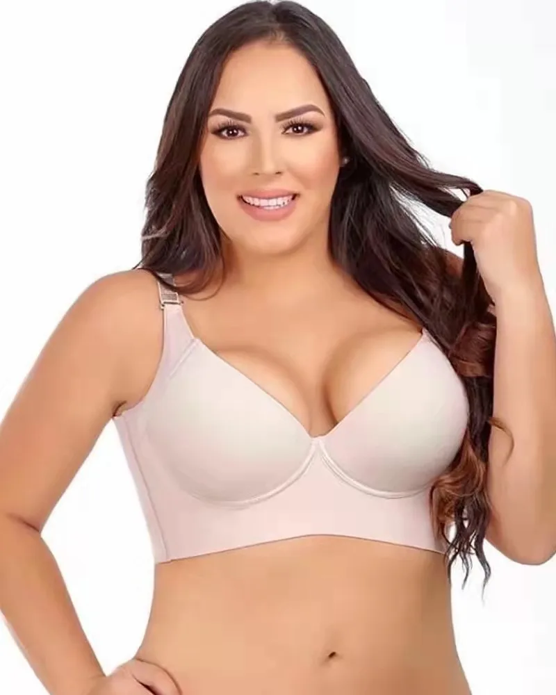 Plus-size smooth no trace sexy underwear women pull up a pair of anti-sag underwire bra deep V bra