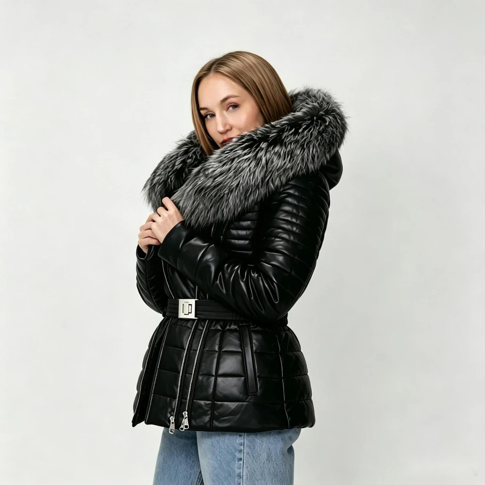 Women's Leather Jacket Fur Trim Coat Fitted Stylish Smooth PU Leather Coat Modern Natural Fur Coat Fall Winter Street Style