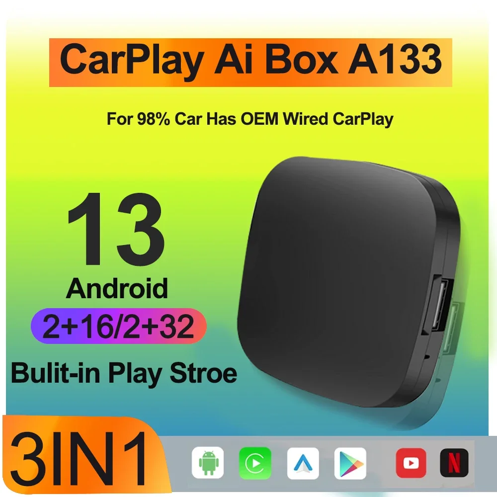 Carplay AI Box Android 13 Bezprzewodowy Android Auto Smart TV Box Dla Youtube Netflix Toyota Mazda Hyundai Haval GMC Ford MG VW Kia