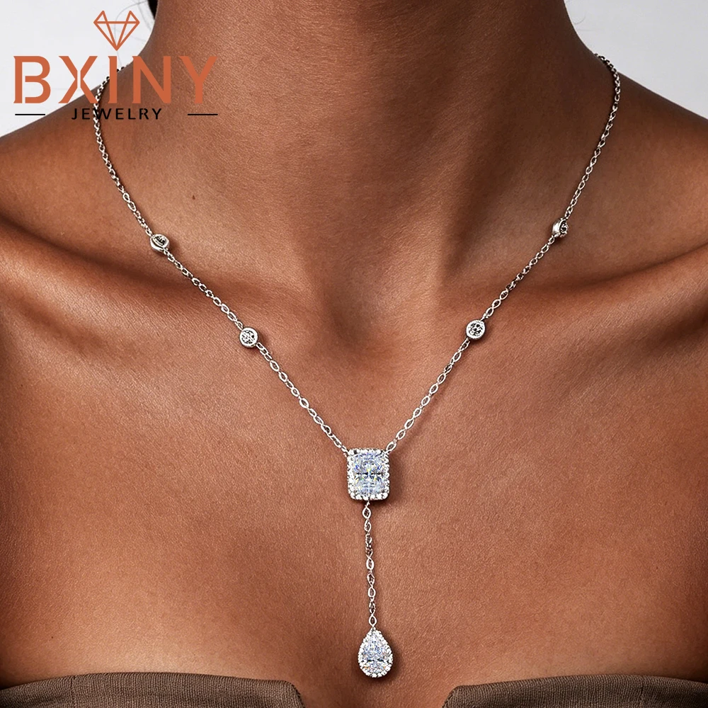 BXINY 3CT Radiant/Emerald Cut Moissanite WaterDrop Pendant Tassel Necklace 100%S925 Silver for Women NeckChain Fine Jewelry Gift