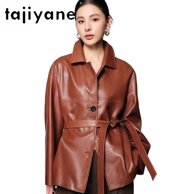TAJIYANE Oryginalna kurtka ze skóry owczej damska, płaszcz typu trencz średniej długości, stylowe kurtki ze skóry naturalnej, kolekcja jesień 2026, odzież damska, kurtka skórzana