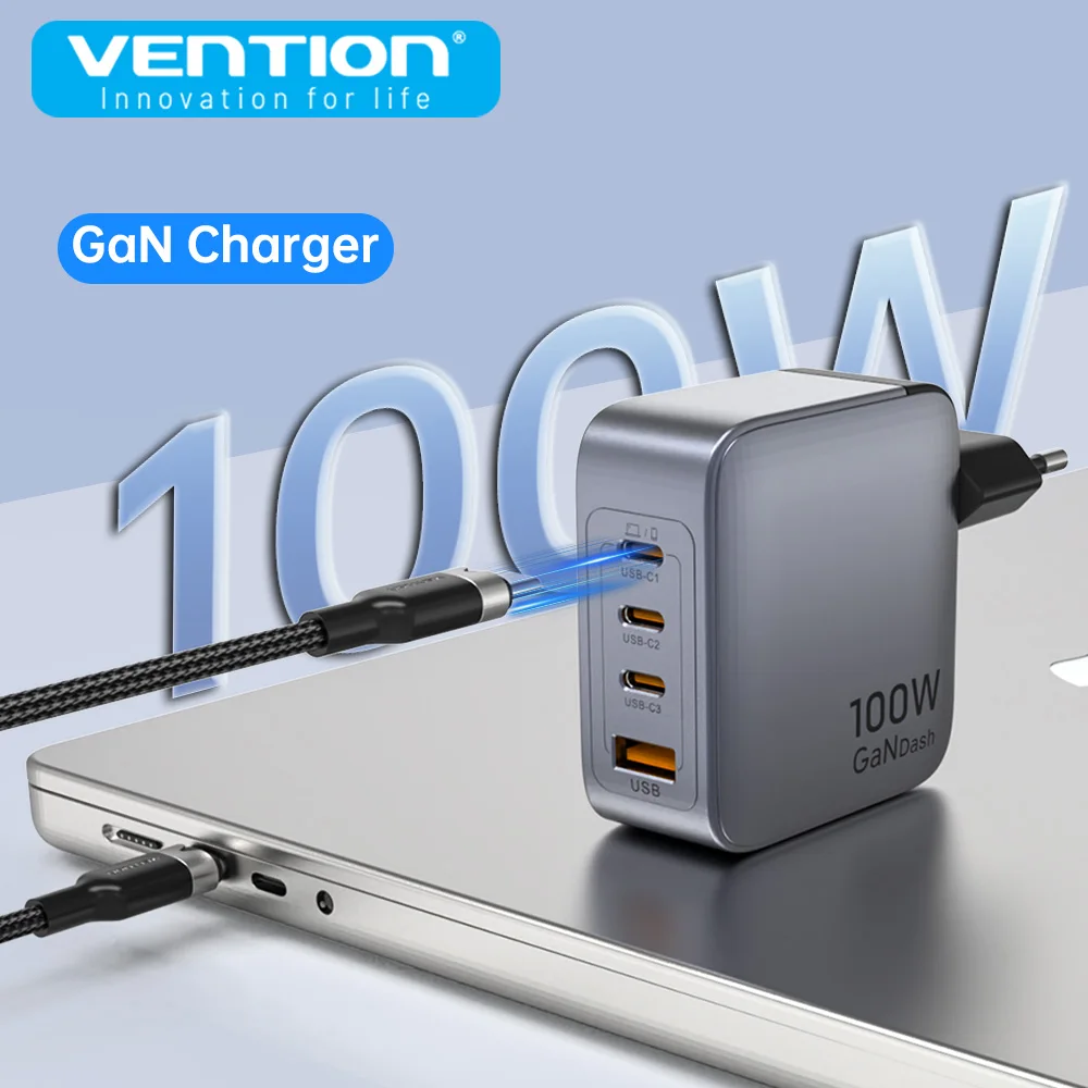 

Vention 100W GaN Charger 4 Ports USB C Desktop Charger 4 in 1 Adapter for Macbook Air Laptop Tablet PD Fast Chargers for iPhone