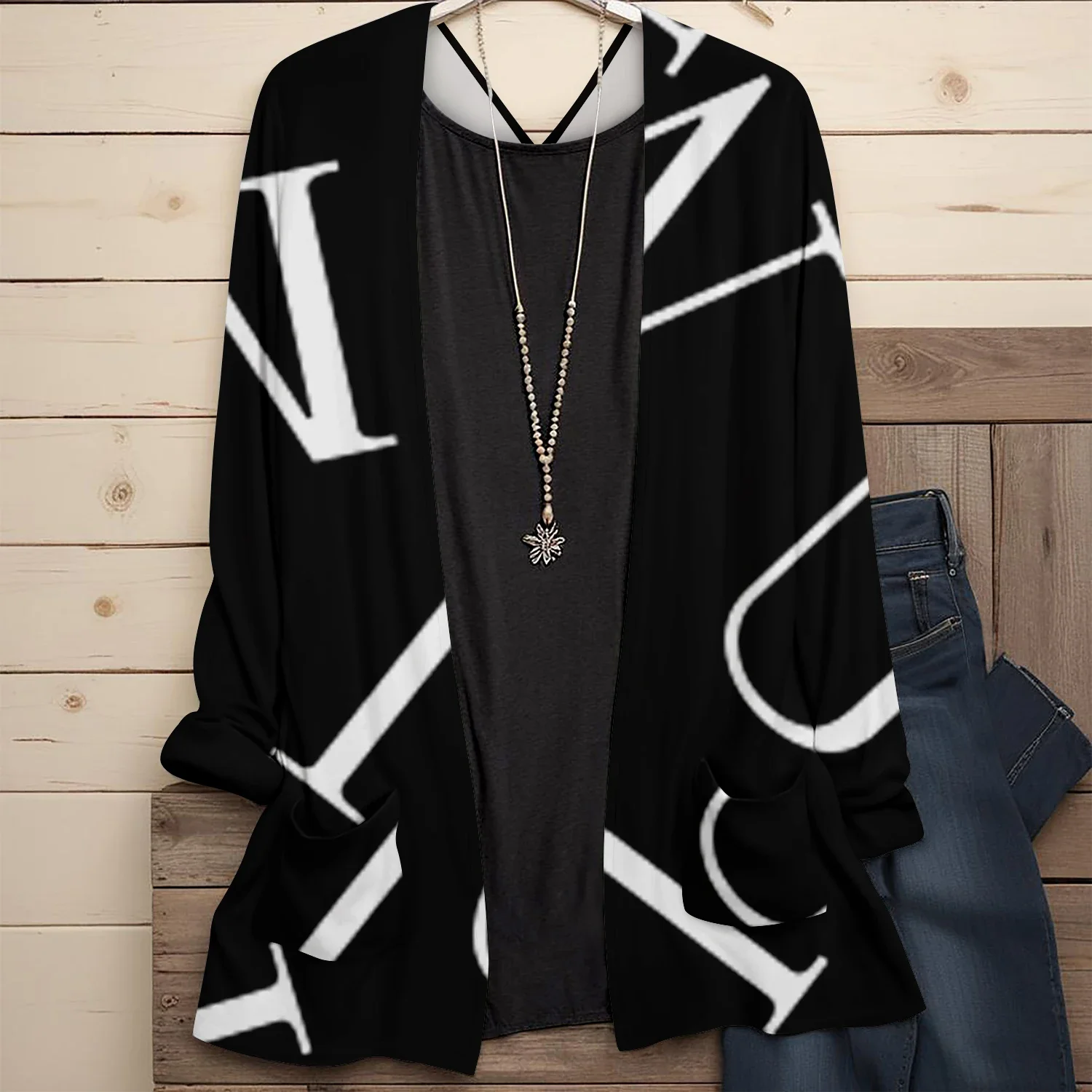 European and American Coat Plus Size 1XL-5XL Casual Cardigan Fashion Colorblock Long Sleeve with Pockets Open Front Cardigan