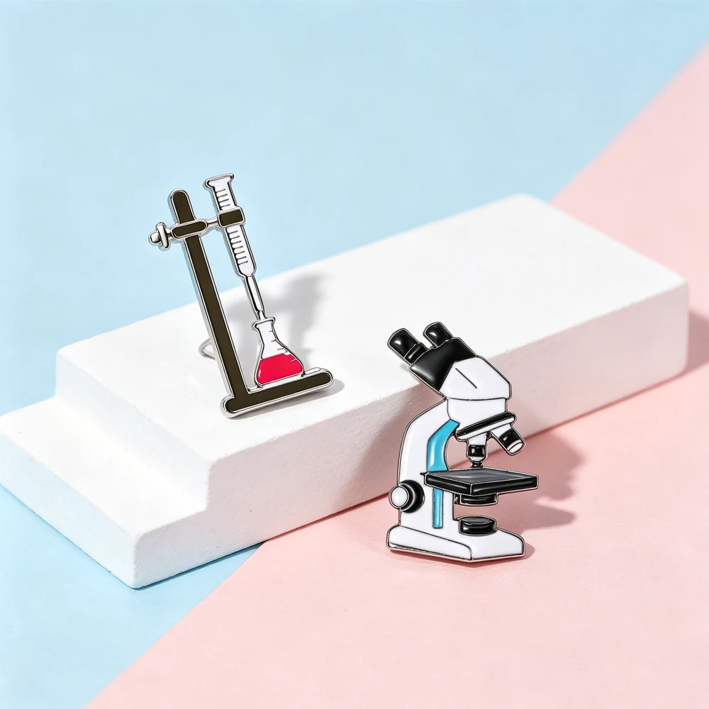 Medsor Cartoon Lab Tools Enamel Pin Medical Microscope  Graduated Cylinder And Beaker Lanyard Badge Lab Equipment Jewelry Gift