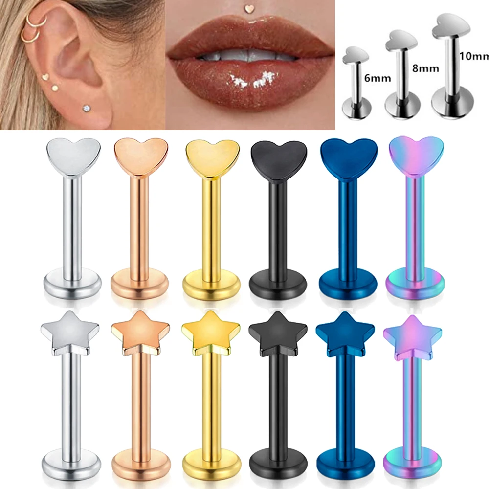 1PCS Steel Heart Star Labret Piercing Stud Lip Ring Thread Tragus Earring Helix Stud Cartilage Piercing Rook Earring Lobe