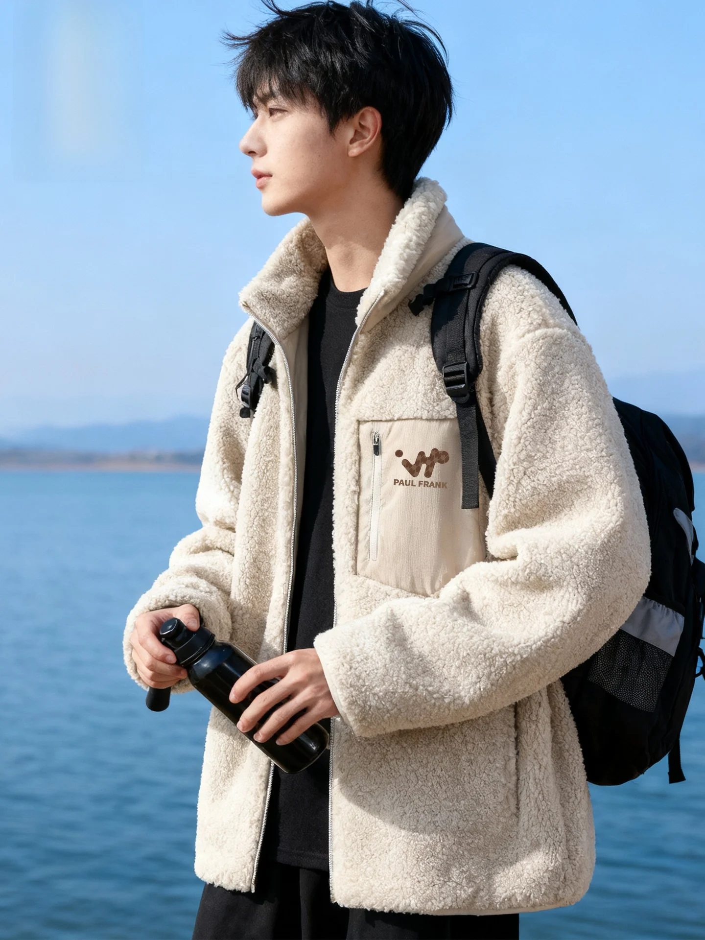 

Fce Lined Stand Collar Jaet for Teens Men Winter Warm Zipper Closure Polyester Fiber Thiened Outerwear