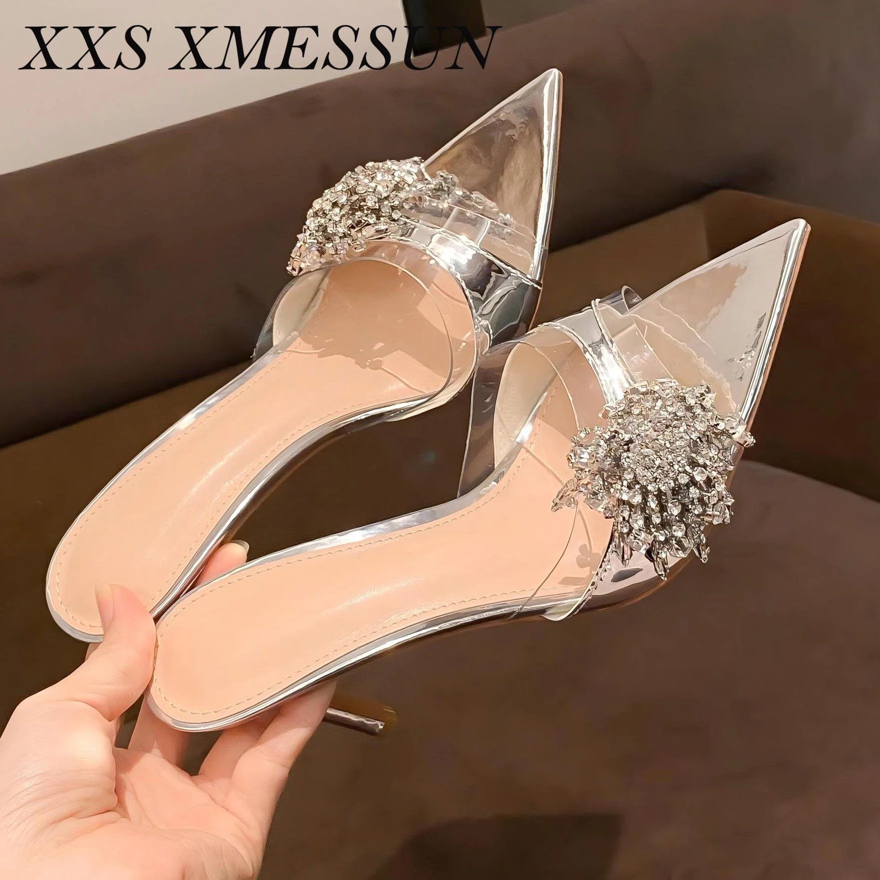 

XXS XMESSUN Silver Metallic Rhinestone Tassel Pointed Toe Stiletto Mules - Women's Clear Strap Slip-On High Heels 2026 New