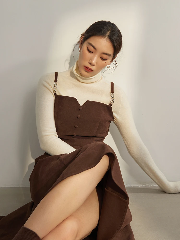 DUSHU Office Lady Brown Full Sleeve Women Dress V-Neck 2022 Winter Women Dress A-Line Pullover Solid Slim Women Dress