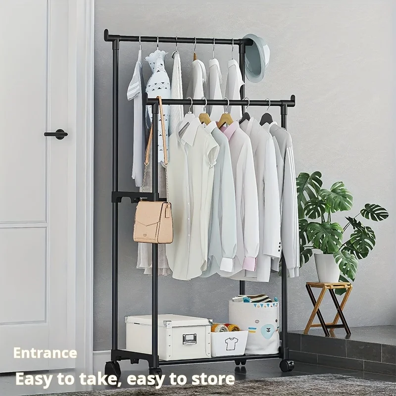 

1PC Shoe And Hat Integrated Storage Rack Single And Double Pole With Wheel Drying Rack Bedroom Clothes Racks Shoe And Hat Shelf