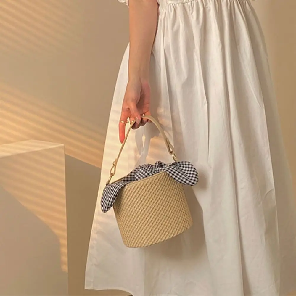 

Cute Korean Style Straw Bucket Bag Knot Solid Color Woven Crossbody Bag Tote Bag Handbag Small Phone Bag Outdoor