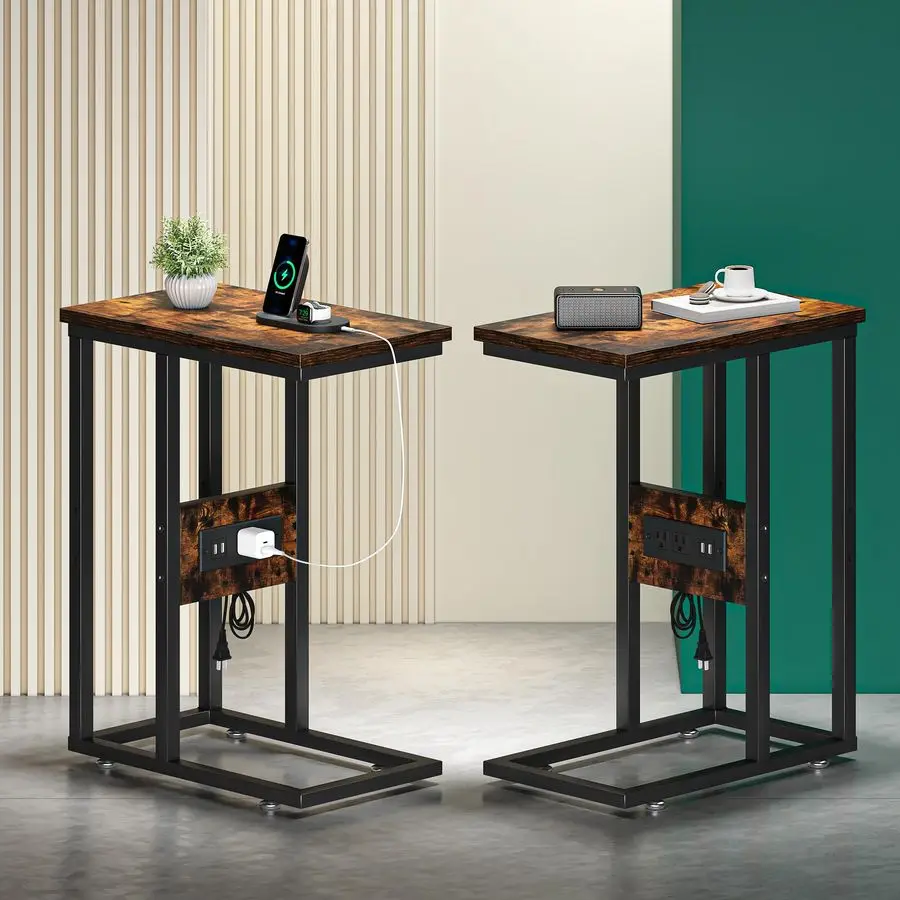 

Универсальный приставной столик C-образной формы, многофункциональный поднос для закусок и телевизора для гостиной, спальни, коричневый, 2 шт.