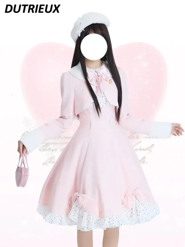 Manteau à manches longues et princesse Lolita pour filles mignonnes, avec nœud rose, amincissant, mi-long, nouvelle collection printemps et automne