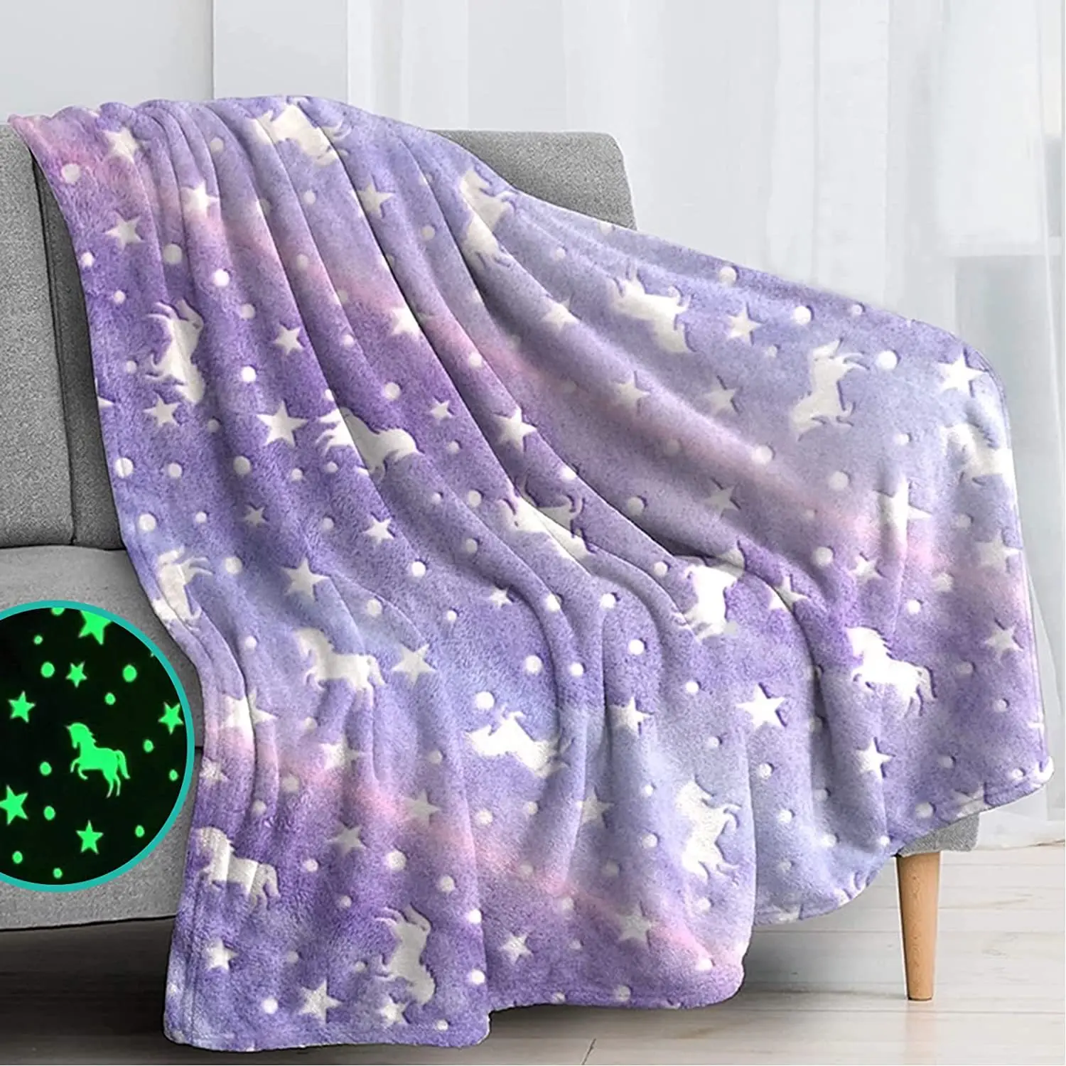 Glow in The Dark Throw Blanket Luminous Unicorns Dinasour Mermaid Blanket Christmas Gifts for Boys Girls Fleece Thin Blanket