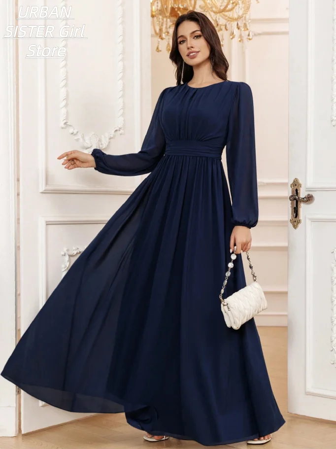 Navy Blue Round-Neck Chiffon Long Dress with Pleated Front, Lantern Sleeves, High-Waist, and Flowing Design, Suitable for Muslim Women, Eid Celebrations, Wedding Guests, and Conservative Evening Wear