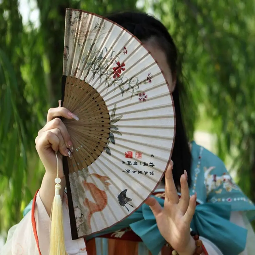 Bamboo Skeleton Hand Chinese Style Folding Fan Traditional Craft Ancient Style Hand Fan with Tassel Elegant Hanfu Dance Fan