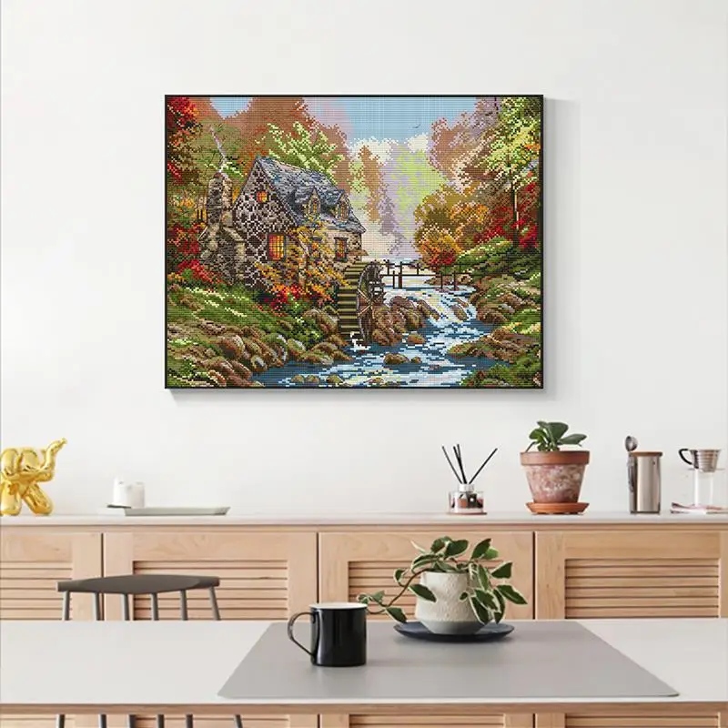 DIY Landscape Painting Riverside Mill Pattern Cross Stitch Kit Aida 14CT 11CT Print Fabric Needlework Joy Sunday Embroidery Set