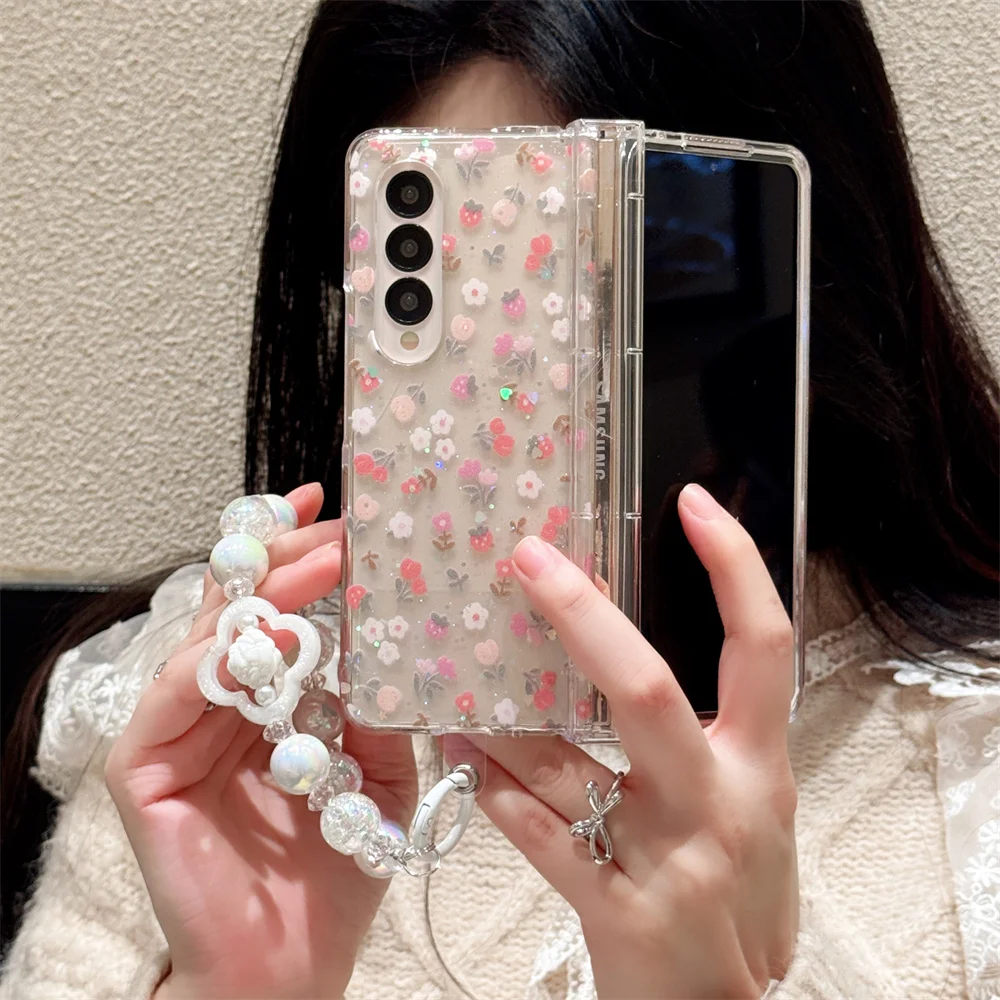 

Korean INS glitter cute strawberry flowers case for Samsung Galaxy Z Fold 7 Fold 6 5 Fold 4 3 fold 5 cover with chain cute funda