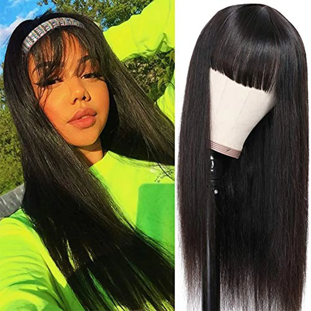 

Straight human hair wig for women long straight with pre-plucked straight bangs and cap