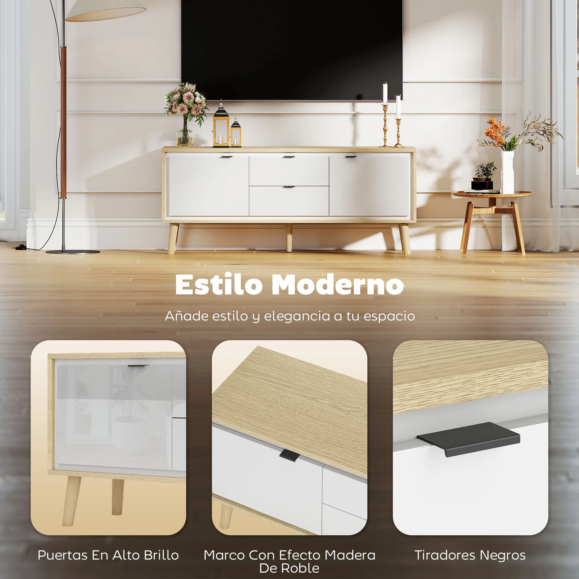 HOMCOM Mueble de TV Moderno de 2 Puertas, Mesa TV para Salón con 2 Cajones, Orificios Pasacables, Estantes Extraíbles y Ajustables, para Televisión 55 Pulgadas, 120x35x50 cm, Blanco Brillo y Roble