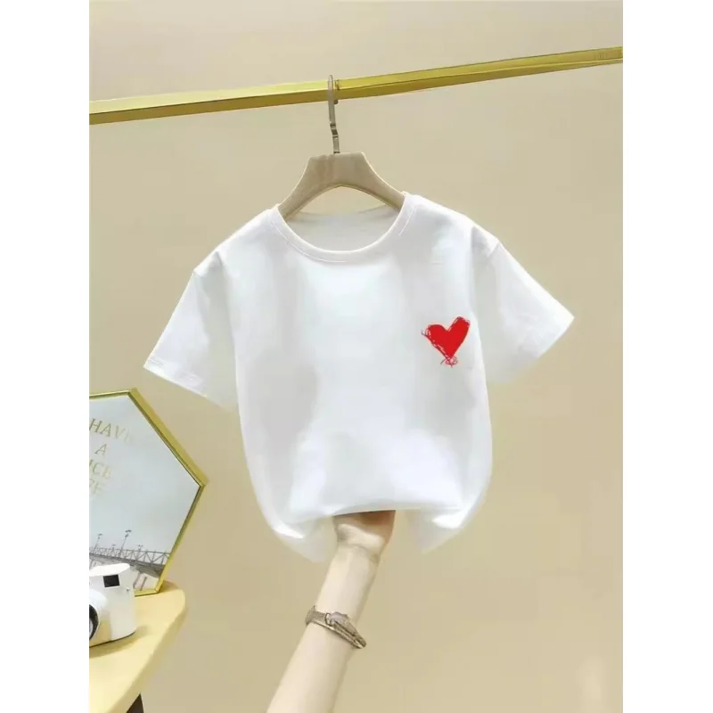

Korean Style Children's Clothing Boys and Girls Short SleeveTHeart Print Cotton T-Shirt2024Summer New Round Neck Top Half Sleeve