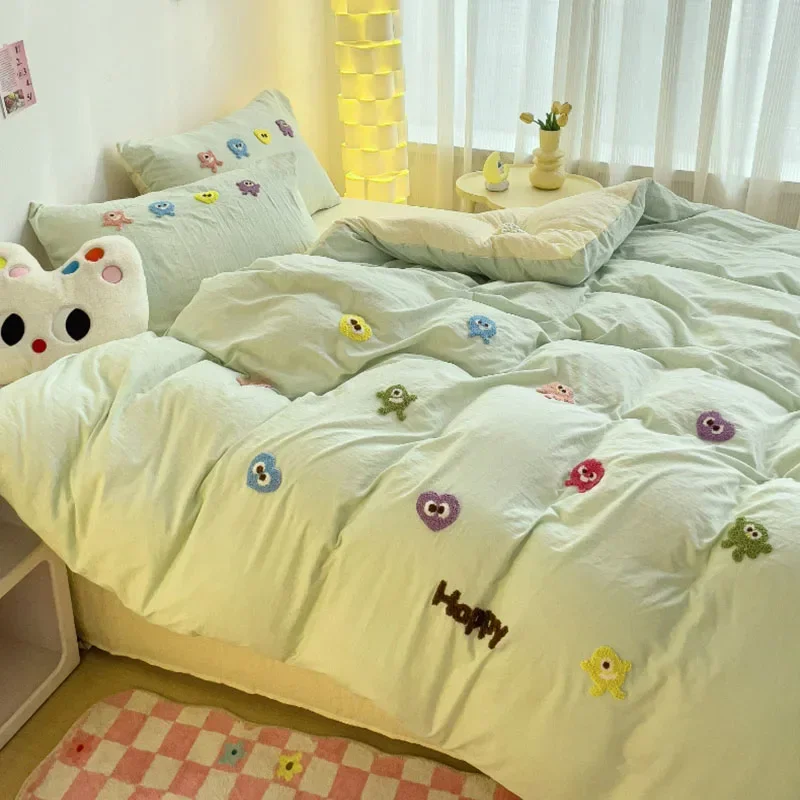 A-Class Cartoon Towel Embroidery Bedding Set Washed Cotton Soft and Comfortable Home Textile Bedclothes for Students Children