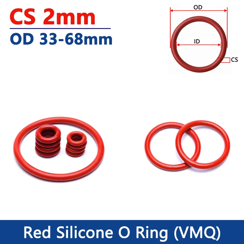 

Red Silicone O Ring CS 2mm OD 33/34/35/36/37/38/39/40/41/42-68mm VMQ Silicon O-Ring Waterproof Insulated Rubber Sealing Gasket