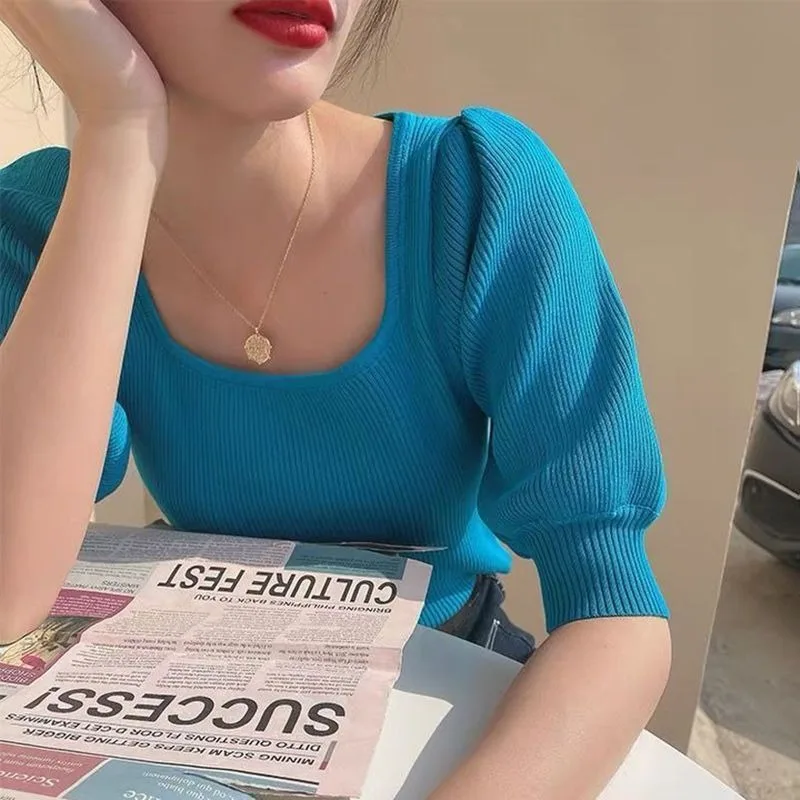 Puff Sleeve Pullovers Women Knit Comfortable Spring Summer Ins Square Collar Casual Korean Elegant All-match Slim Stretchy Cozy