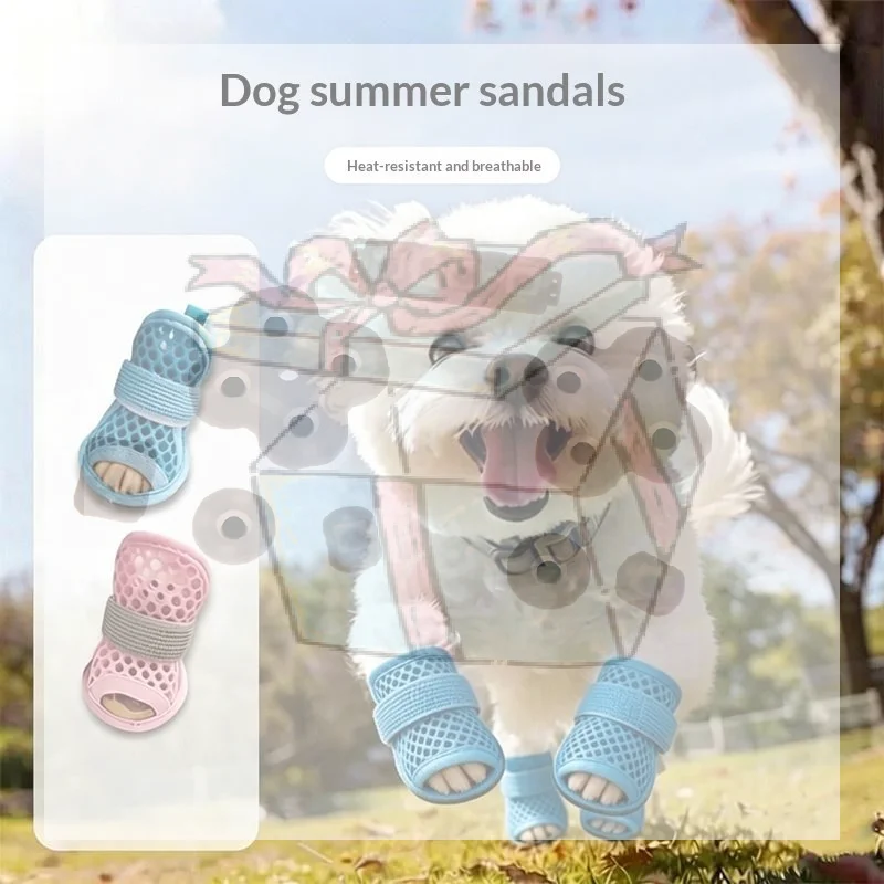 4Pcs/Set 4Pcs Cute Mesh Dog Shoes Summer Outdoor Anti-slip Cooling Dog Boots With Reflective Strap Breathable Puppy Shoes Pet