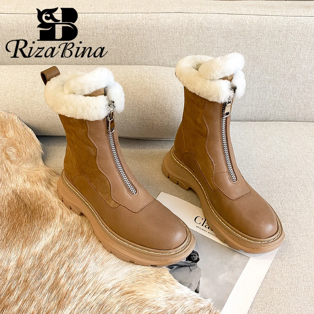 

RIZABINA Genuine Leather Women Casual Snow Boots Winter Warm Plush Chunky Heel Ankle Boots Zipper Design Non-Slip Platform Boots