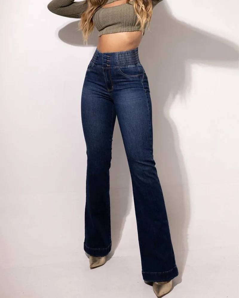 Jean extensible taille haute pour printemps et automne, coupe Slim, Sexy, élégant, boutons de levage des fesses, pantalon en Denim décontracté à la mode