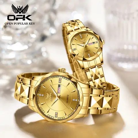 OPK 8151 골든 스테인레스 스틸 커플 시계