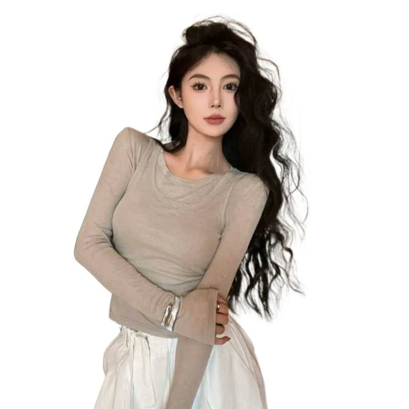 سليم تي شيرت بأكمام طويلة سترة قطعتين مجموعة المرأة قاعدة طبقة ملابس خارجية أعلى الألياف الغنائية محبوك الجولة الرقبة لون نقي