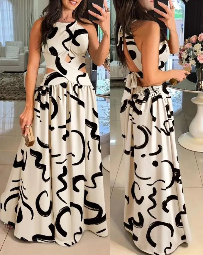 

Women's Sweet Dress 2025 Spring Summer Latest Abstract Print Criss Cross Halter Maxi Dress Casual Hollow Out Shirred Long Skirt