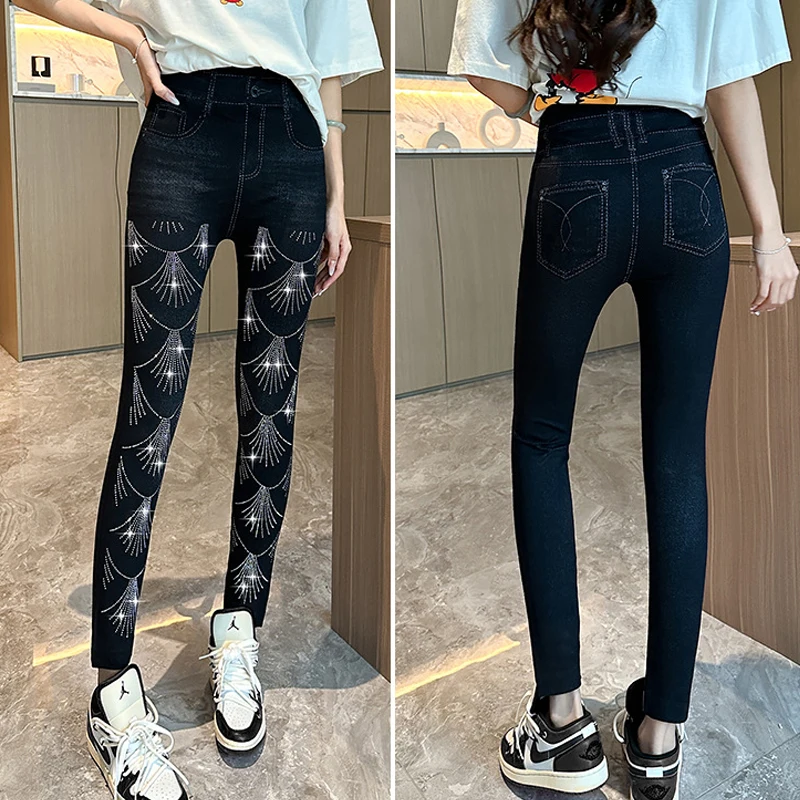 Women\'s False Jeans High Waist Leggings Slim Skinny Tight Pants Bright Drill Sexy Push Up Super Stretchy Casual Pencil Pants