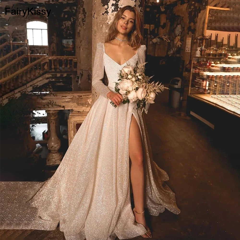 

FairyKissy Sexy V-neck A-line Beach Bridal Dress Sparkly Long Sleeves Wedding Gowns High Side Slit Princess Wedding Party Gown
