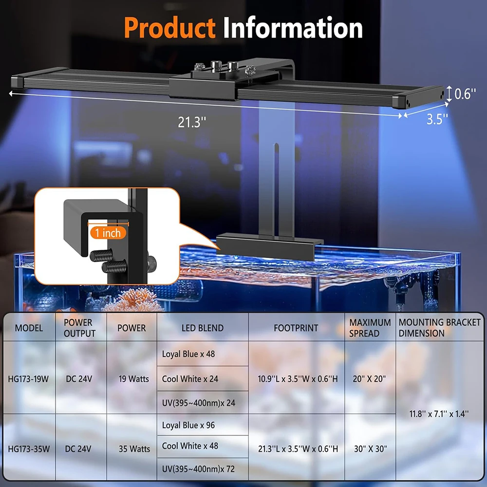 Hygger LED Zoutwater Aquarium Licht Aquarium Reef Licht voor Koraal Licht met Wit Blauw Dimmer Timer Maanlicht Beugel Licht