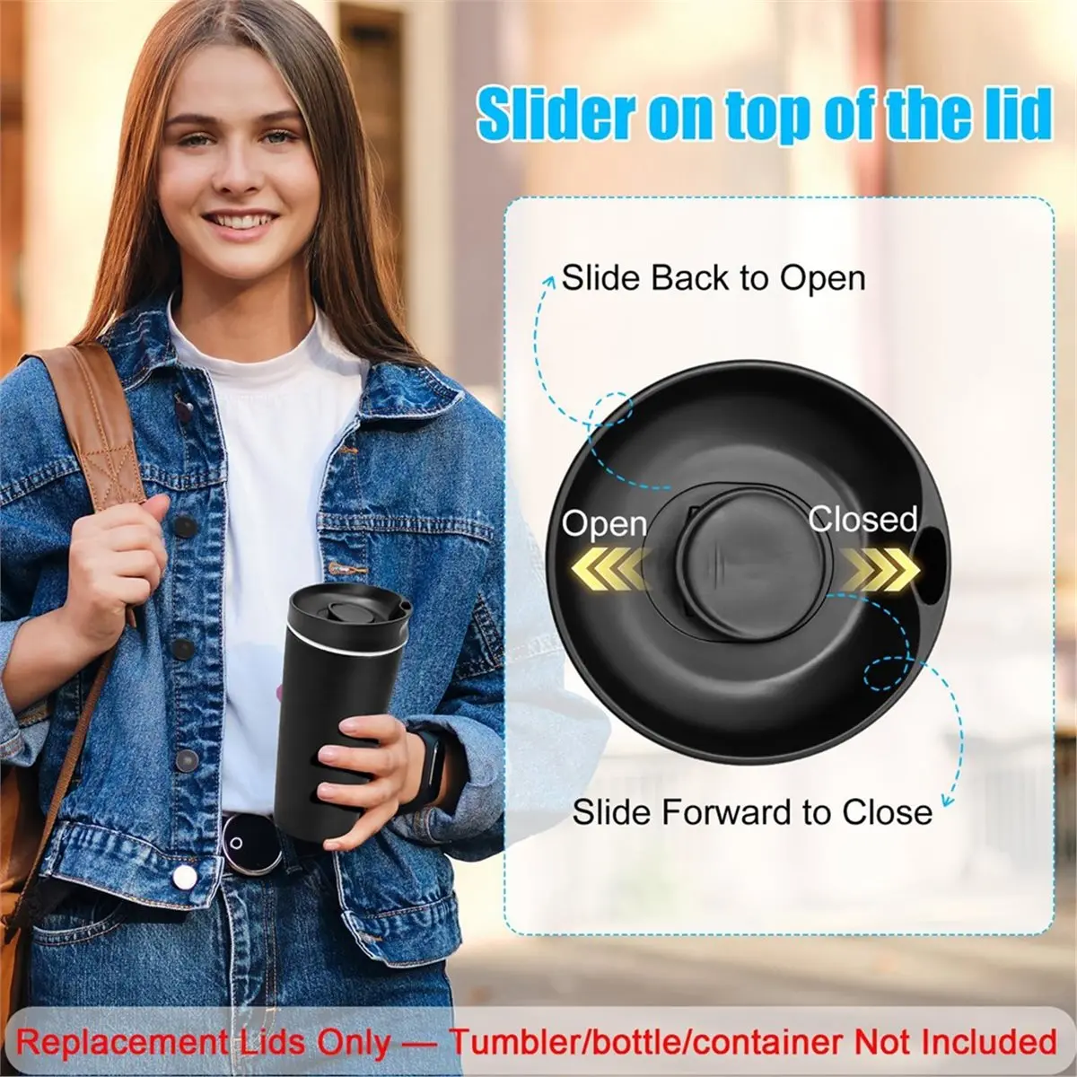 2 Pack Replacement Lids Wide Mouth Lids for Slider Top Cover Smooth Slider Top Water Bottle Lid