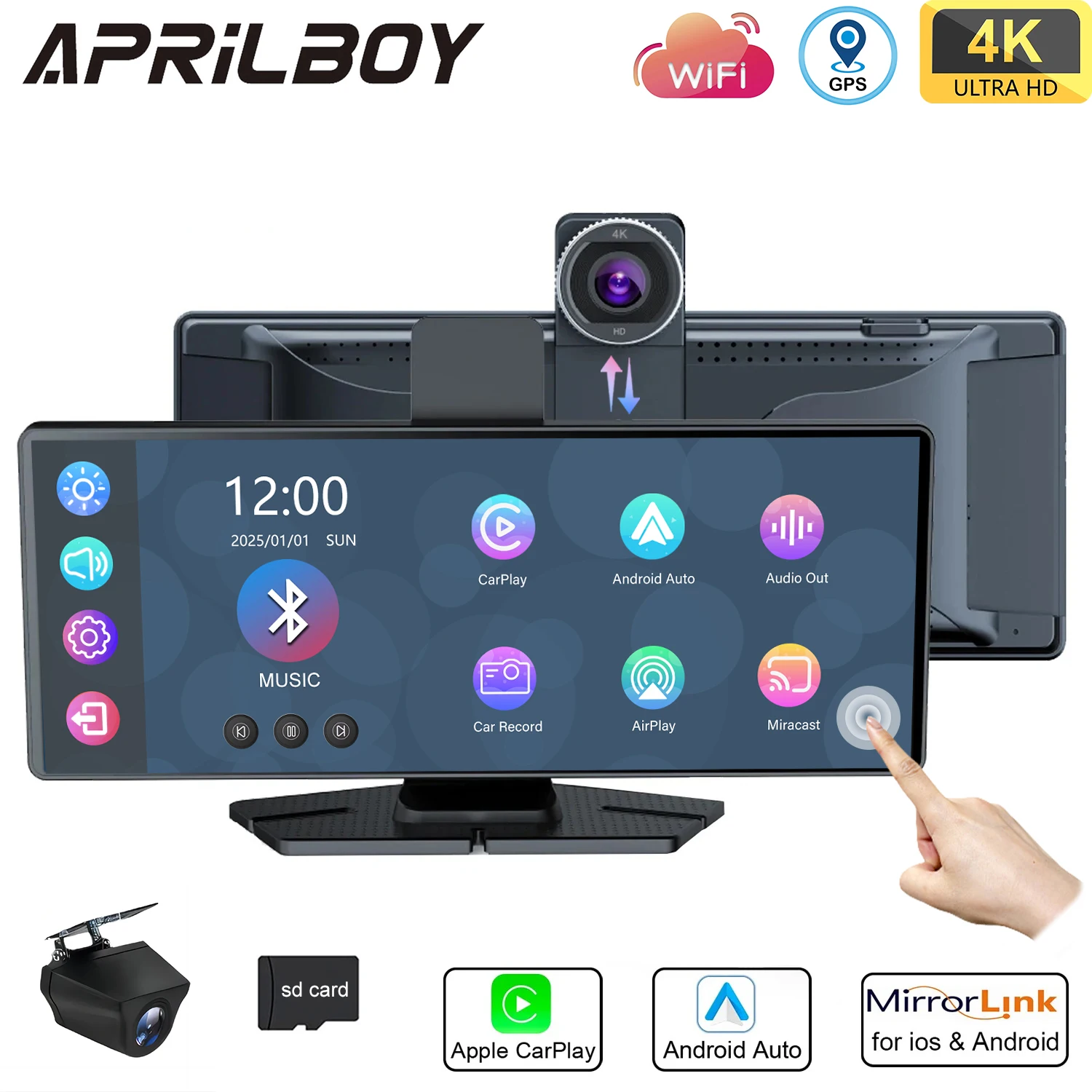 Aprilboy 10.26 inch 4K Dash Cam Carplay  Android Auto Car Radio Multimedia Player Portable Recorder Car Stereo Touchscreen Car