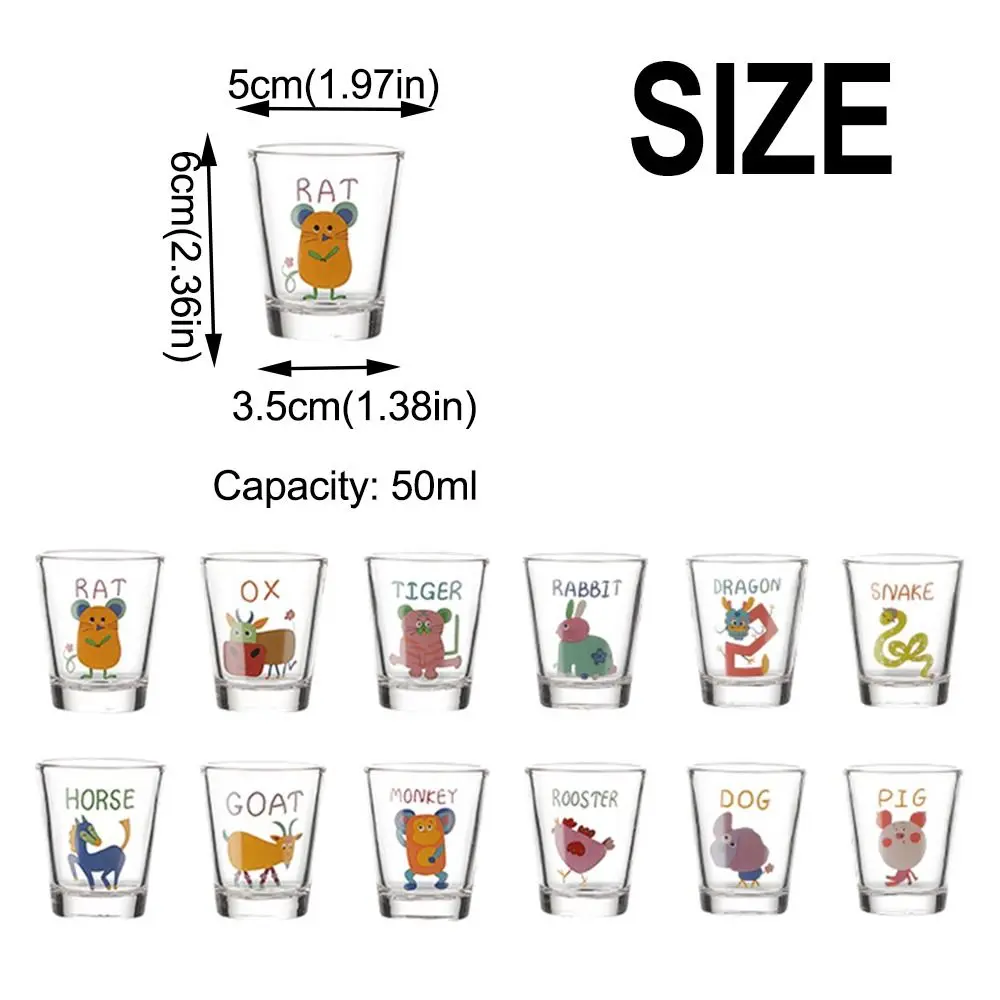 12Pcs Creative Cocktail Cup Set 50ml Chinese Zodiac Clear Juice Cups Visible Animal Pattern Mini Wine Glasses Personalized