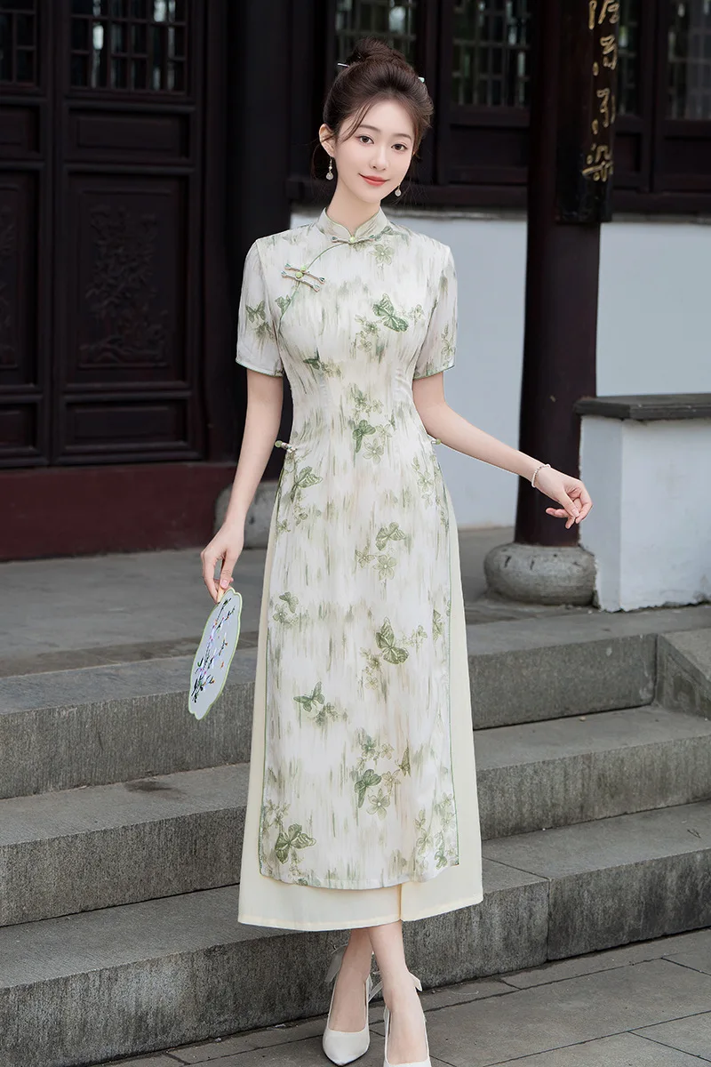 

Летнее осеннее платье-ципао А-силуэта с цветочным принтом, восточное винтажное классическое женское китайское платье-ципао